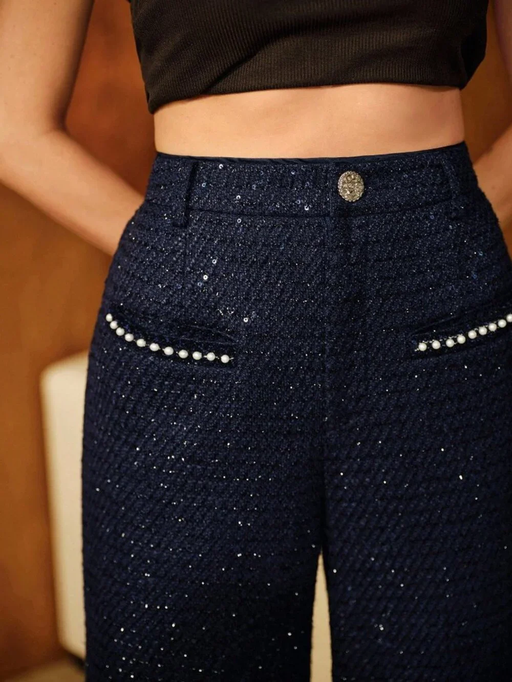 Navy Blue Elegant Tweed Flared Pants